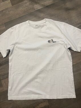 KAW Uniqlo White Tee with Small Kaw Graphic on front and Large Kaw on Back